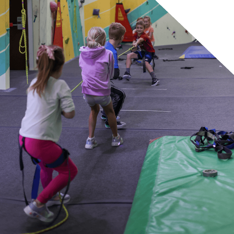 Kids play tug of war in climbing gym